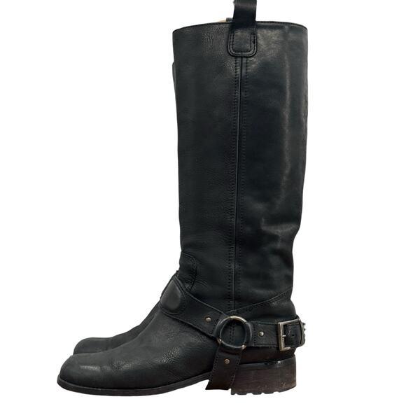 Saks Fifth Ave Harness Moto Boot SZ 40 Women's Black Leather Tall Loose Buckle - Picture 5 of 14